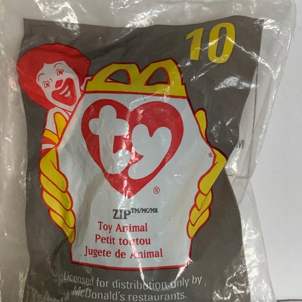 Ty Teenie Beanie Baby Plush Calico Cat Kitten "Zip" McDonalds Happy Meal Toy #10 NIP 7" Long 1998 Stuffed Animal Toy