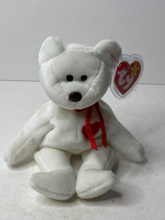 Ty Valentino the Bear Beanie Baby Plush White Bear W/ Red Heart W