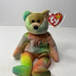 Ty Peace Bear Beanie Babies Plush Tie Dye Teddy Bear Peace Sign w/ Tags 8&quot; Tall 1996 Stuffed Animal Toy
