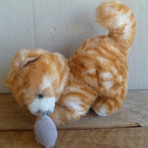 Gina Soft Toys Plush Stripped Cat Kitten W/ Mouse Toy 10" Long Stuffed Animal Toy Made in Korea