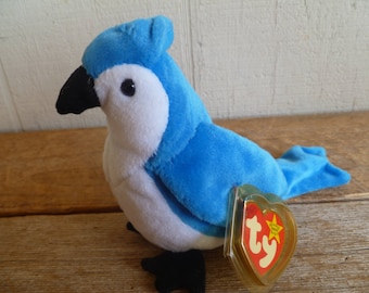 Seltenes Ty Beanie Baby Plüsch Blue Jay „Rocket“ mit Anhängern 8" lang 1998 Stofftierspielzeug