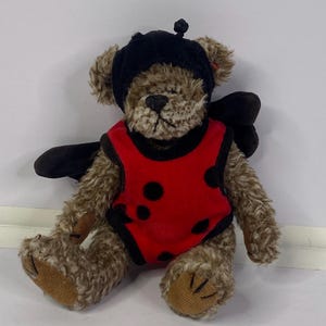 Può includere: Un orsacchiotto di peluche vestito da coccinella. L'orso ha la pelliccia marrone, un gilet rosso con pois neri e un cappello nero. Le ali nere sono attaccate alla schiena dell'orso. L'orso è seduto su una superficie bianca.