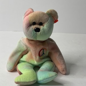 Ty Peace the Bear Beanie Babies Plush Tie Dye Rainbow Teddy Bear Peace Sign 8&quot; Tall 1996 Stuffed Animal Toy