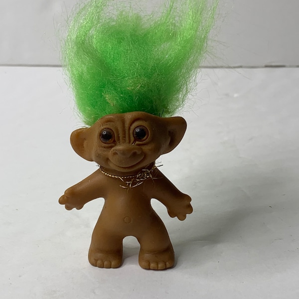 Uneeda Good Luck Wishnik Lime Green Hair Troll Doll  3" Tall W/ Hair