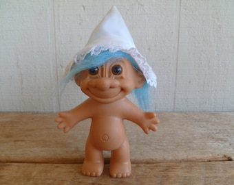 Russ Troll Doll Blue Hair W/ Hat 6" Tall W/ Hair Adorable Vintage