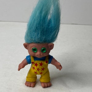 Troll Doll with Overalls Blue Hair 7&quot; Tall W/ Hair M.T. Vintage