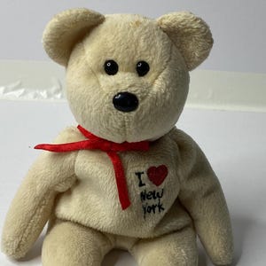 Ty I Love New York Bear Beanie Baby Plush Bear W/ Heart 9&quot; Tall 2003 Stuffed Animal Toy