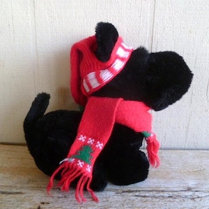 Dakin Plush Scotty Dog with Christmas Hat and Scarf 8&quot; Tall 1984 Stuffed Animal Toy