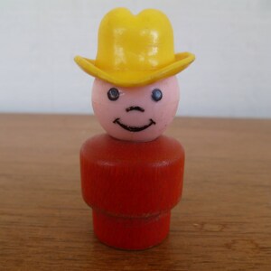 Fisher Price Little People Cowboy Wooden Orange Boy with Yellow Hat Figure 2&quot; Tall