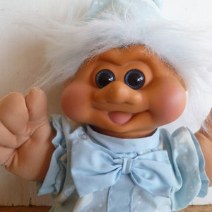 Russ Treasure Troll Cloth Doll Blue Hair Blue Eyes Plastic face, Cloth Body 14&quot; W/ Hair 1991 Stuffed Toy Doll