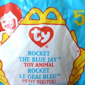 Rare Ty Rocket the Blue Jay Teenie Beanie Baby Plush Blue Jay NIP W/ Tags 6&quot; Tall 1999 Stuffed Animal Toy McDonalds