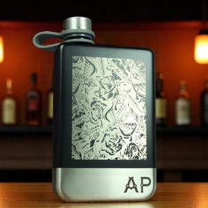 Tattoo Design Personalised Whiskey Flask, Custom Engraved Hip Flask for Him, Groomsmen Gift, Wedding Birthday, Present for Dad, New Barware