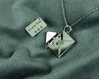 Personalized Secret Message Necklace: Silver Envelope Charm, Engraved Initials