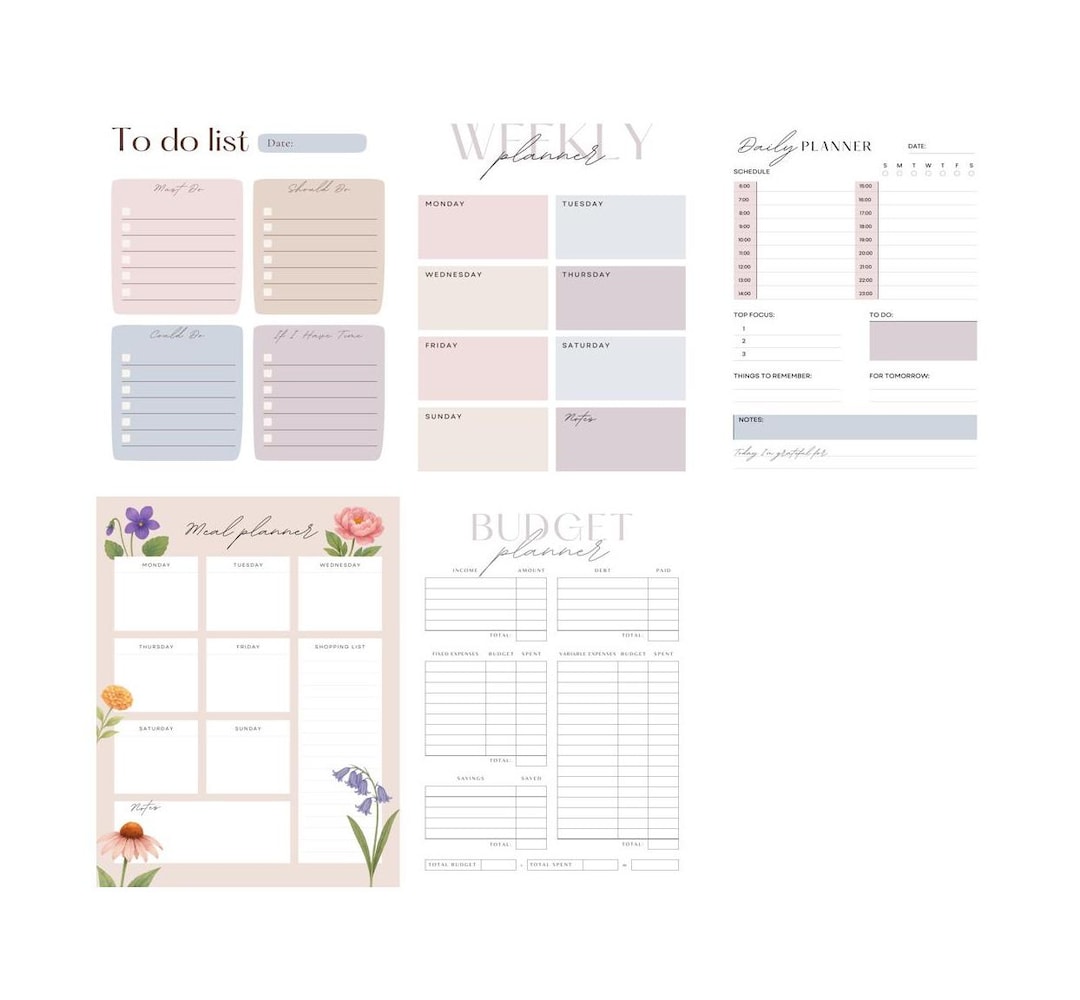 Printable Planner Bundle A4 | Pastel Daily Weekly Monthly Meal Budget ...