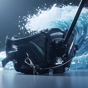 Può includere: Imbracatura nera con elementi argentati e la scritta "RIG360 evo" sul lato. L'imbracatura è ambientata sullo sfondo di un'onda blu, che suggerisce sport acquatici o attività all'aperto.