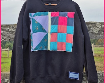 SIZE L - Up-cycled Patchwork Quilt Block Crewneck Sweatshirt