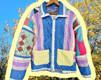 Handmade Quilt Jacket - Size Large- Insulated Up-Cycled Cotton Button up Patchwork Coat with Pockets - Blue, Purple, White, Multicolor