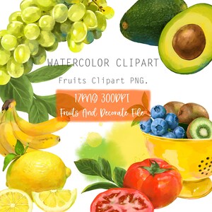 Może przedstawiać: Akwarelowa ilustracja różnych owoców, w tym zielonych winogron, bananów, awokado, jagód, kiwi, cytryn i pomidorów. Obraz zawiera tekst "WATERCOLOR CLIPART" i "Fruits Clipart PNG."