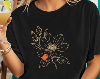 Ladybug on the Flower T-Shirt, Unisex Tee, Nature Lover Gift, Garden Insect Top, Short Sleeve Shirt, Floral Print Clothing