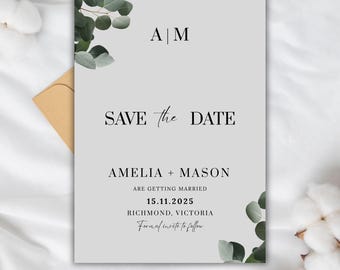 Convite de casamento "Reserve a Data" com folhagem de eucalipto - Modelo editável no Canva - Casamento minimalista com tema botânico (Download instantâneo)