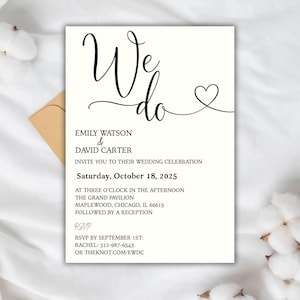 May include: Wedding invitation with the words "We do" in elegant script, a heart, and details for Emily Watson and David Carter's celebration on October 18, 2025, in Maplewood, IL. RSVP by September 1st.