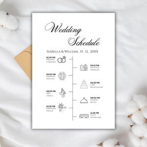 May include: A white wedding schedule with black text and illustrations. The schedule includes times for the ceremony, dinner, speeches, first dance, fireworks, and guest departures. The names Isabella & William are at the top.