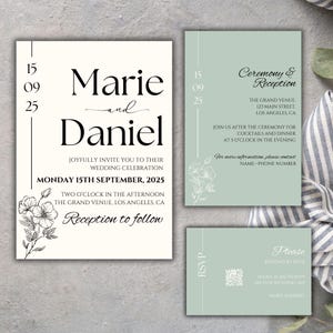 Puede incluir: Conjunto de invitaciones de boda con una tarjeta de invitación crema con los nombres "Marie y Daniel". El conjunto incluye una tarjeta de ceremonia y una tarjeta RSVP, todas con detalles florales y de evento.