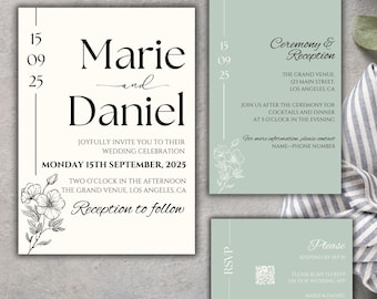 Sage Green Wedding Invitation Suite | Modern Minimalist Canva Template | Invite, Details & RSVP with QR | Instant Digital Download