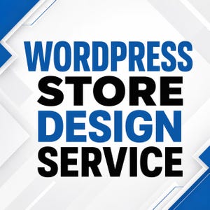 May include: A graphic design featuring the text WORDPRESS STORE DESIGN SERVICE in bold blue and black capital letters. The background consists of white and blue geometric shapes arranged in a layered, angular pattern across the square frame.