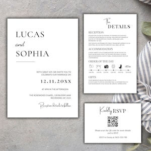 Może przedstawiać: Elegancki zestaw zaproszeń ślubnych o minimalistycznym designie. Główne zaproszenie zawiera imiona "Lucas i Sophia" oraz szczegóły wydarzenia. Dodatkowe karty zawierają informacje o przyjęciu, szczegóły RSVP i kod QR.