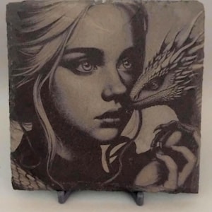 Slate drinks coaster gift engraved with woman and dragon....
