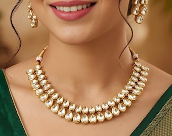 Gold Vermeil Green Kundan Polki Jewelry Set: Sabyasachi Inspired Indian Bridal Jewelry Necklace & Earrings