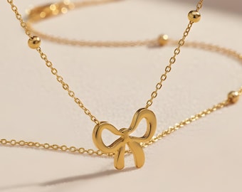 Gold Bow Charm Necklace: Dainty Ribbon Coquette Jewelry Gift for Wife Girlfriend