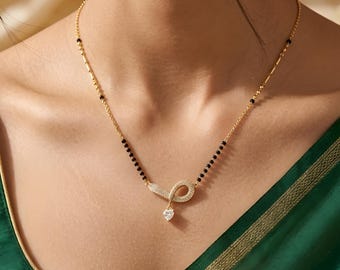 Collar Mangalsutra chapado en oro con cuentas negras: Joyería india de moissanita - 45 cm (18 pulgadas)