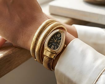 Gold-Toned Serpent Wrap Coil Watch: Moissanite Diamond Snake Jewelry Bracelet