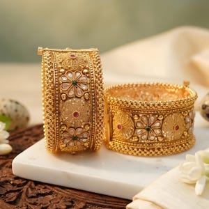 Gold Plated Openable Kundan Polki Flower Bangles: South Indian Wedding Jewelry Bangles