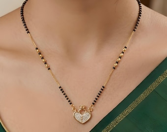 Gold Plated Mangalsutra Chain Necklace with Black Beads: Moissanite Indian Jewelry - 18 Inches