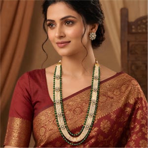 Kundan Polki Long Haram Rani Haar Necklace With Stud Earrings: Traditional Indian Ethnic Wedding Jewellery, Diwali Jewelry Gifts
