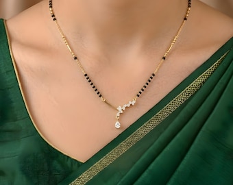 Gold Plated Mangalsutra Chain Necklace with Black Beads: Moissanite Indian Jewelry - 18 Inches