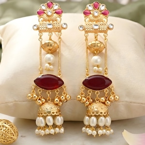 Gold Plated Kashmiri Chandelier Pearl Earrings: Kundan Indian Wedding Jewelry Earrings