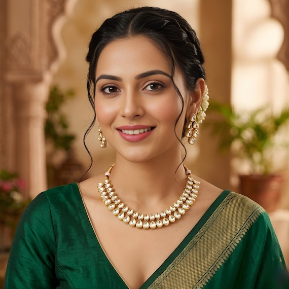 Gold Vermeil Green Kundan Polki Jewelry Set: Sabyasachi Inspired Indian Bridal Jewelry Necklace & Earrings