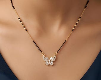 Gold Plated Mangalsutra Chain Necklace with Black Beads: Moissanite Indian Jewelry - 18 Inches