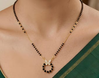 Vergulde mangalsutra-ketting met zwarte kralen: Moissaniet Indiase sieraden - 18 inch