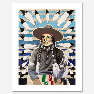 May include: A collage artwork featuring a Native American man wearing a headdress made of feathers. The man is wearing a black hat and a traditional outfit. The background is a collage of newspaper clippings and blue and white stripes.