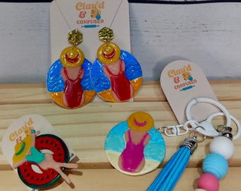 Beach Lady Scene Earrings/Keyring/Badges - Handmade Polymer Clay