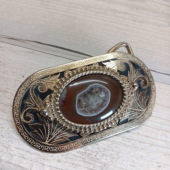 Womens Vintage Gold Tone Belt Buckle With Brown Gemststone 