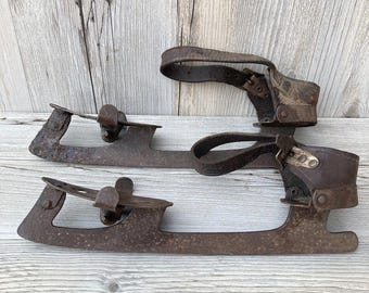 Vintage Metal Ice Skates with Leather Straps