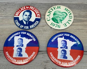 Kavel met vintage politieke campagneknoppen: 1976 en historische figuren