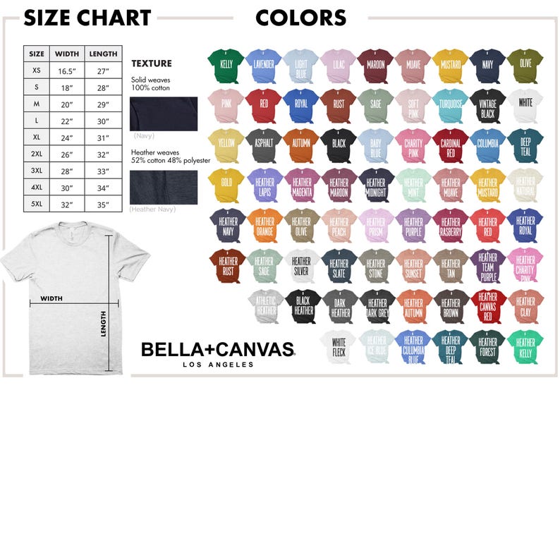 May include: A white Bella+Canvas t-shirt with a size chart and color swatches. The size chart shows measurements in inches. Colors include Kelly, Lavender, Lilac, Maroon, and others. The shirt's texture is solid weaves, 100% cotton.