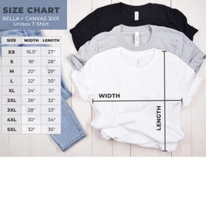 May include: Three unisex Bella + Canvas 3001 t-shirts in black, grey, and white are displayed. A size chart shows width and length measurements in inches for sizes XS to 5XL. The chart includes measurements from 16.5" to 35" in length and 16.5" to 32" in width.